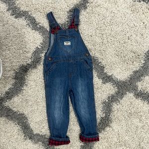 OshKosh Toddler Boys Size 3T Blue Denim Bib Overalls with Buffalo Check Lining